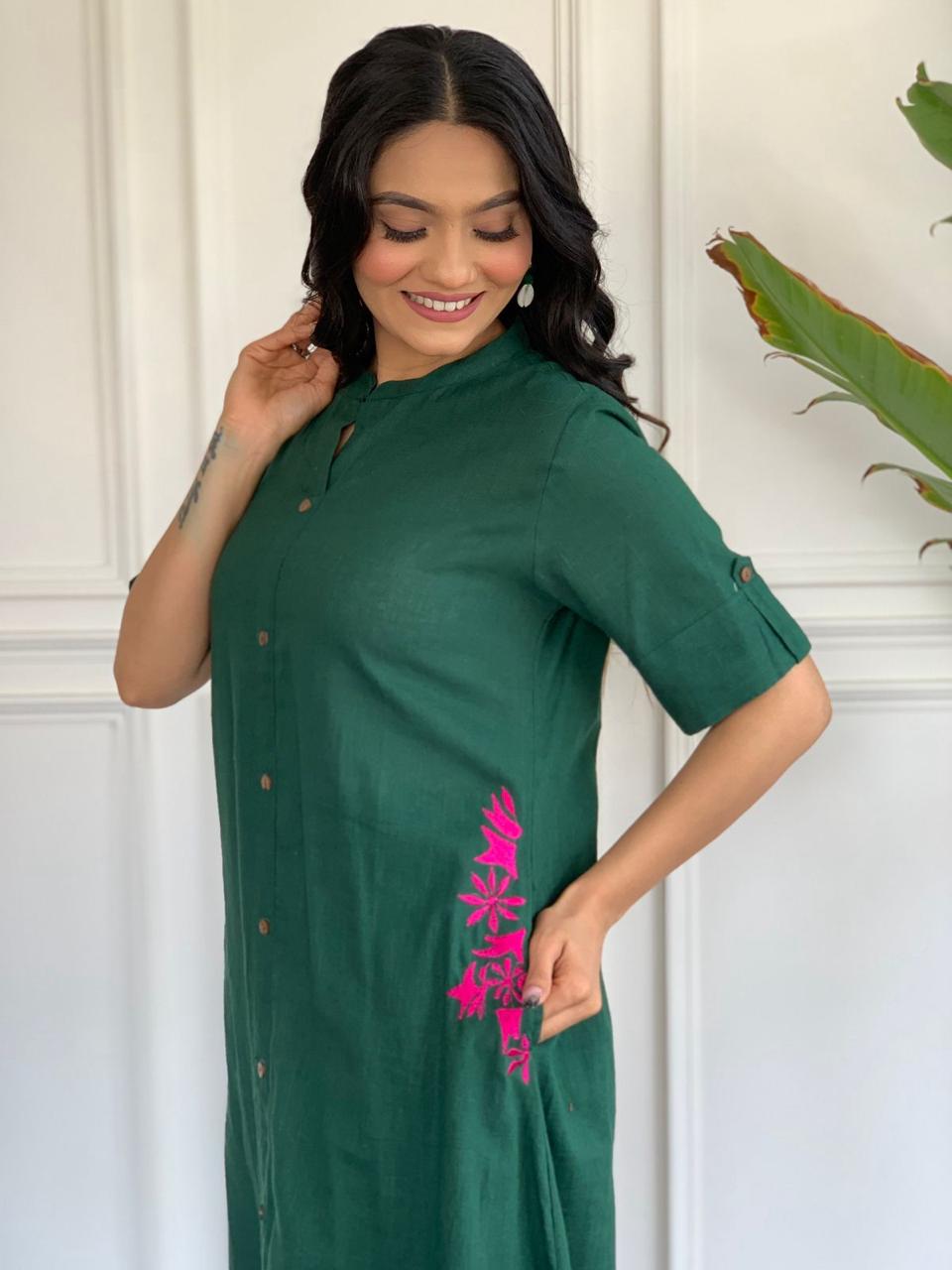 Dark Green Embroidered Cotton Kurta and Palazzo Set