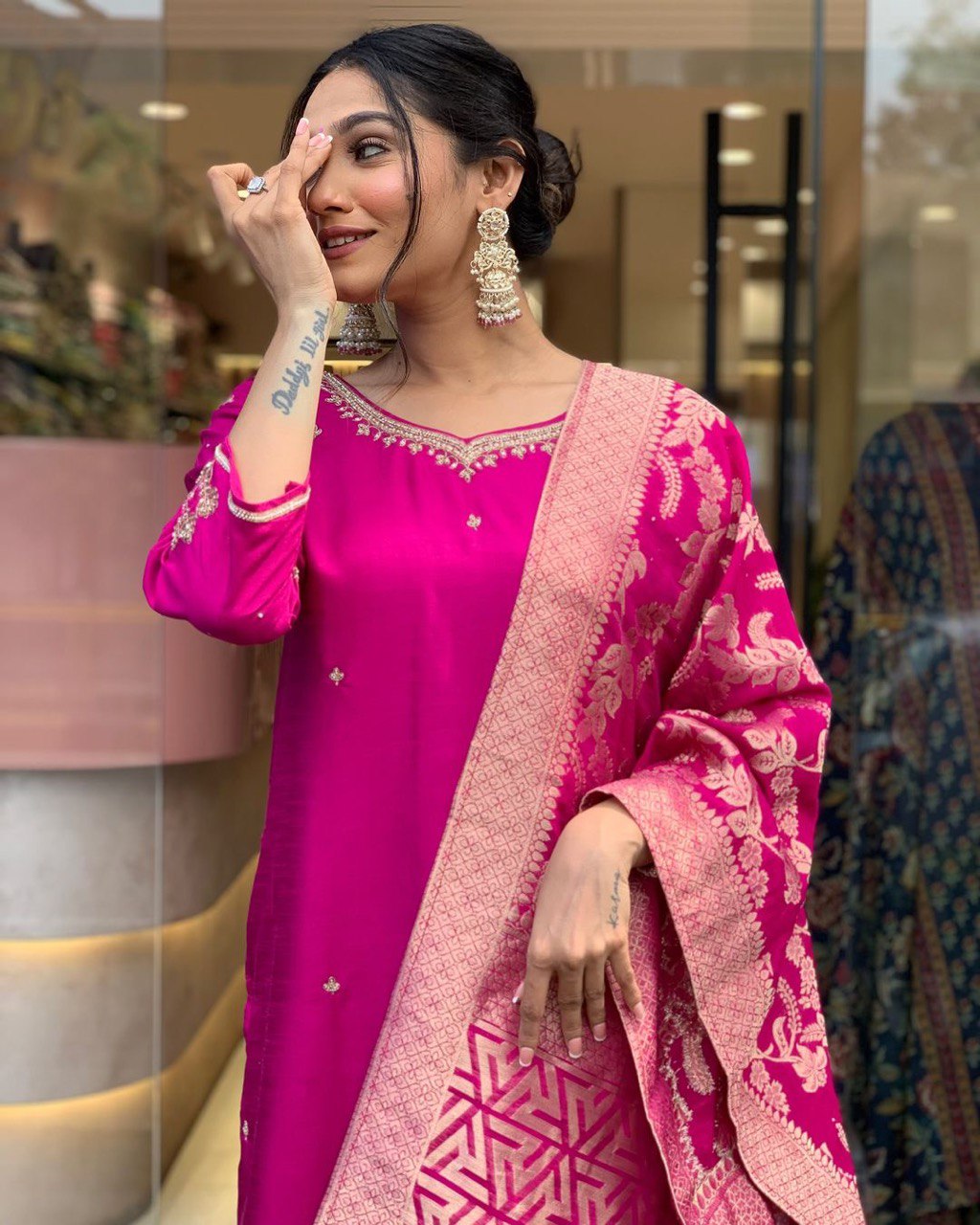 Pink Heavy Embroidered Bnana Chanderi Silk Suit Set