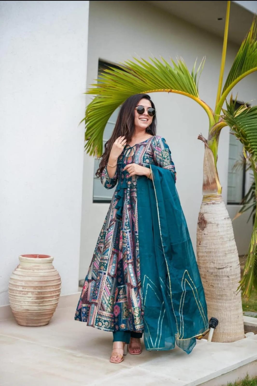 Digital Printed Chinon Silk Suit Set with Organza Dupatta