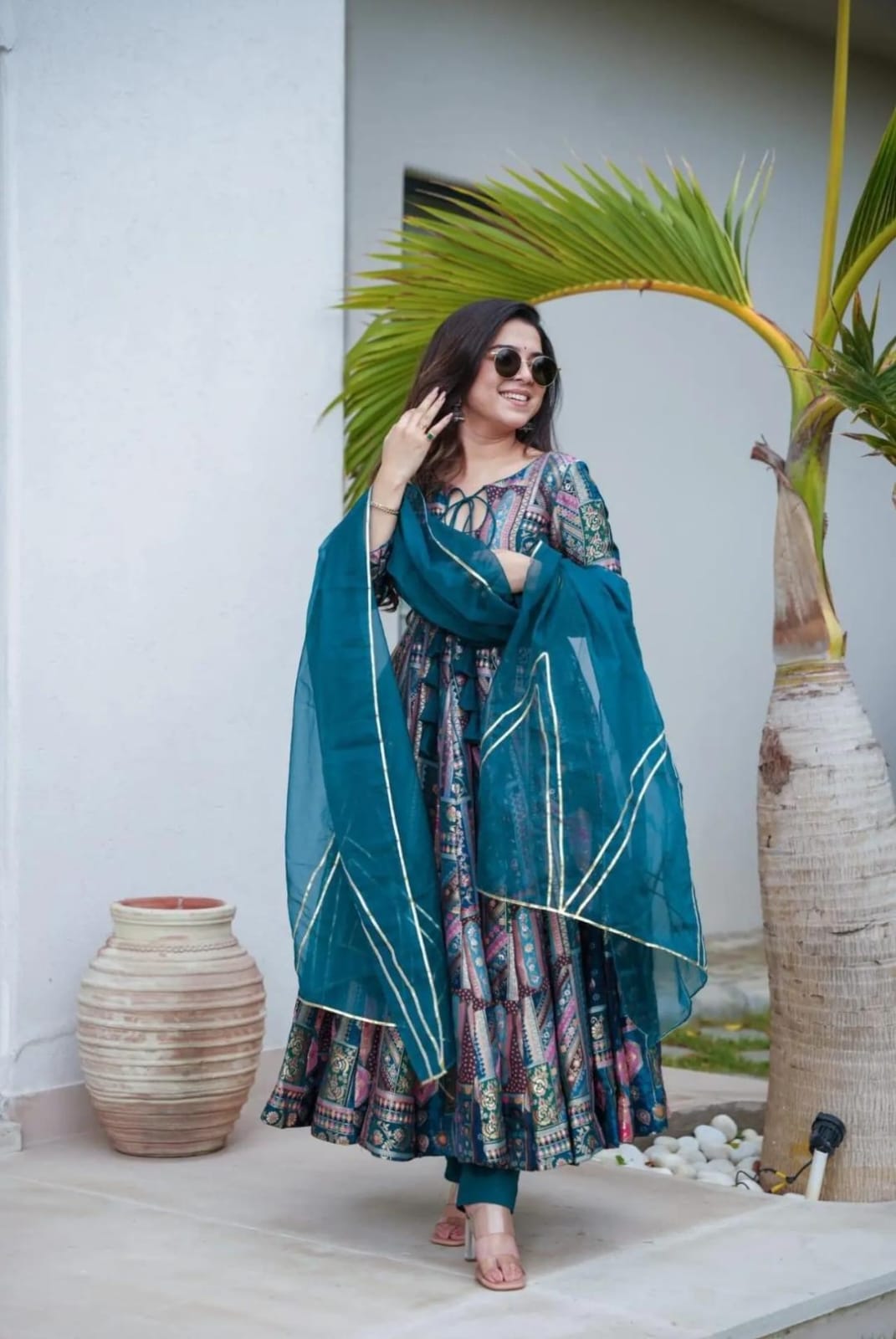 Digital Printed Chinon Silk Suit Set with Organza Dupatta