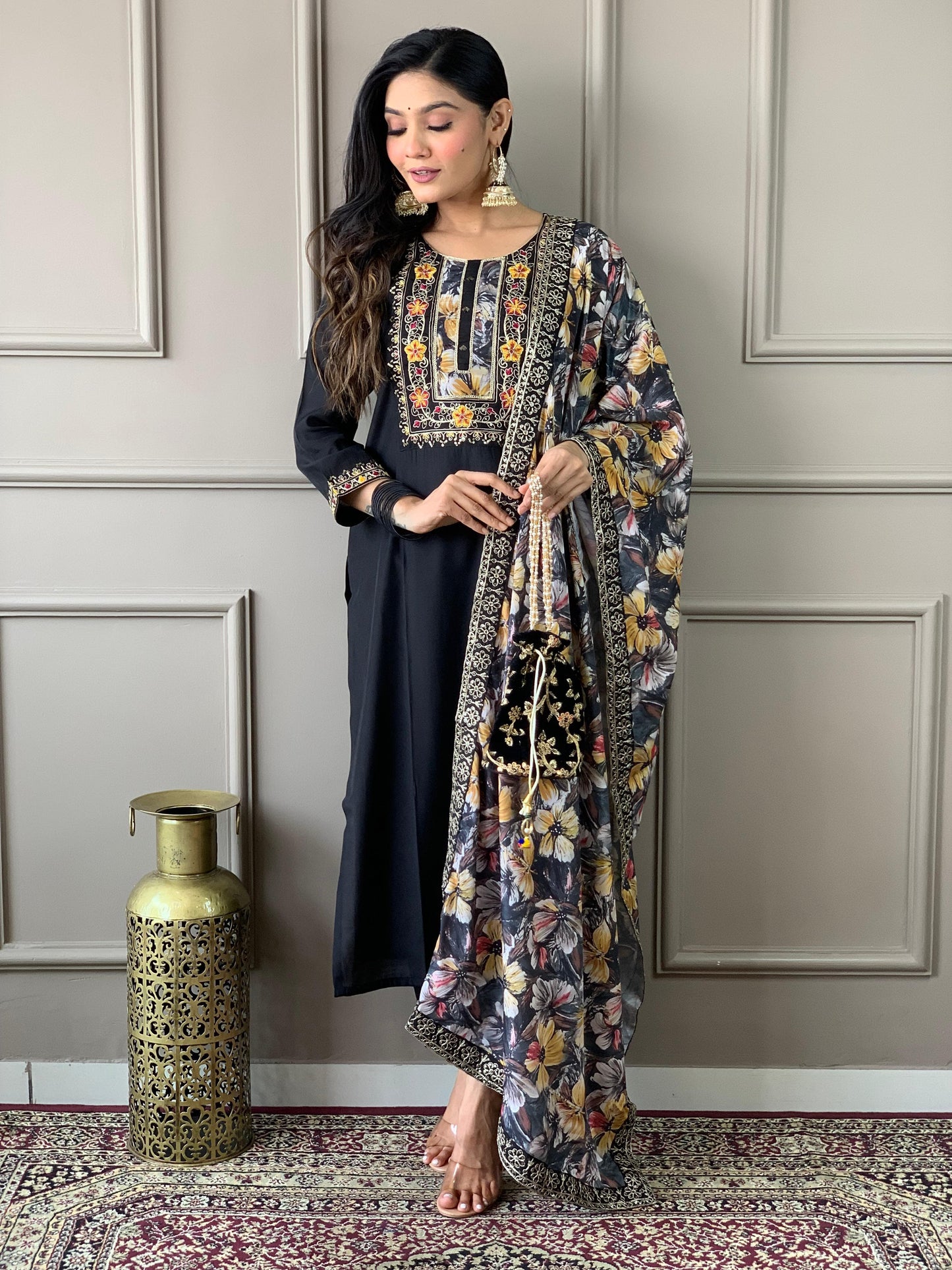 Black Viscose Chanderi Suit Set with Natural Crepe Dupatta