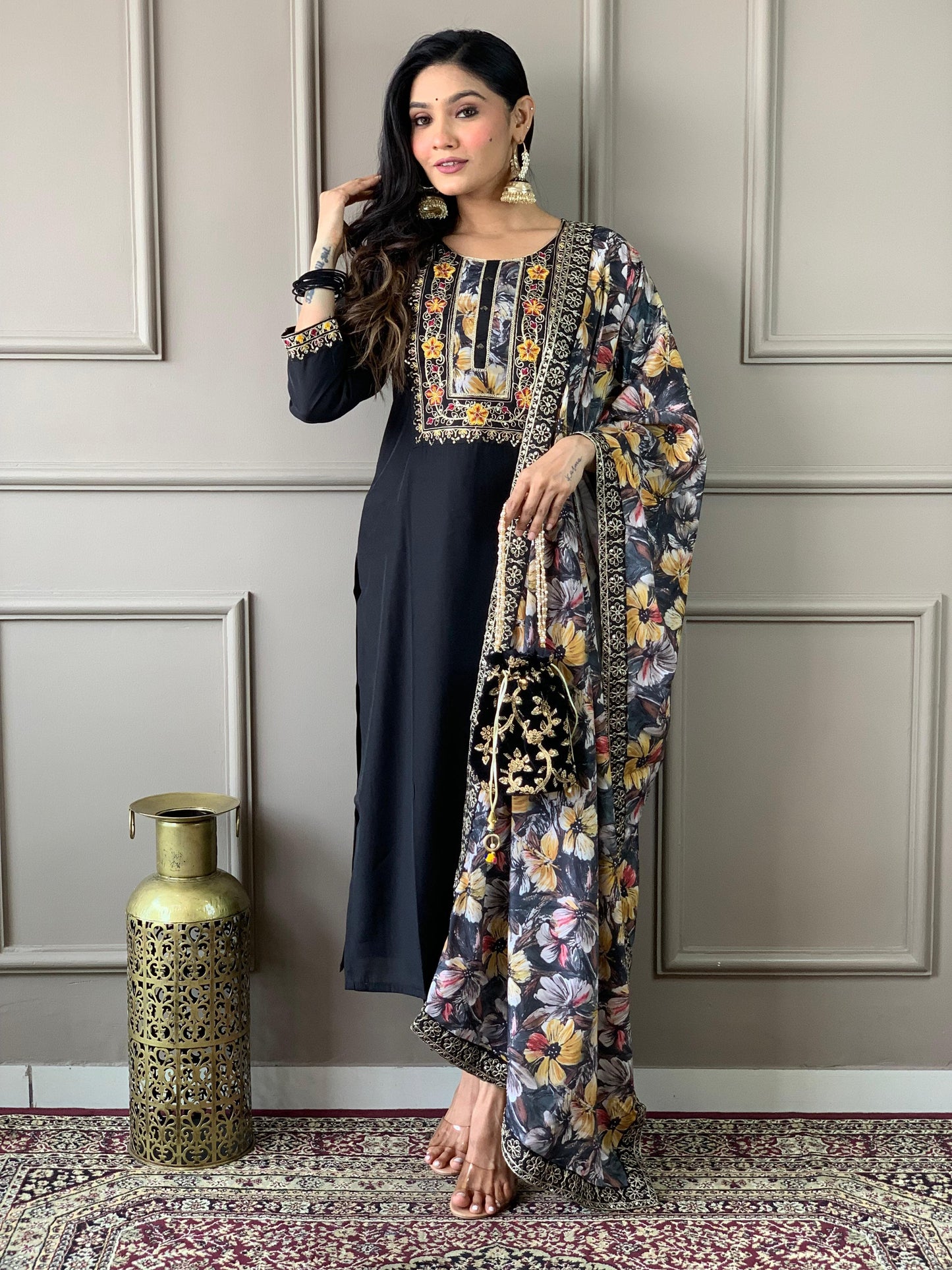 Black Viscose Chanderi Suit Set with Natural Crepe Dupatta