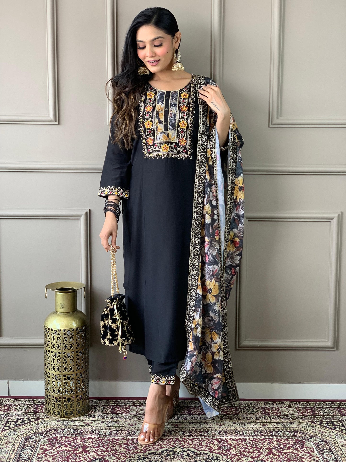 Black Viscose Chanderi Suit Set with Natural Crepe Dupatta