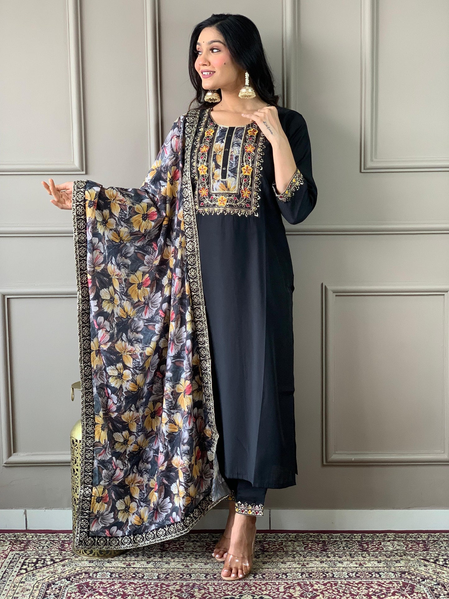 Black Viscose Chanderi Suit Set with Natural Crepe Dupatta