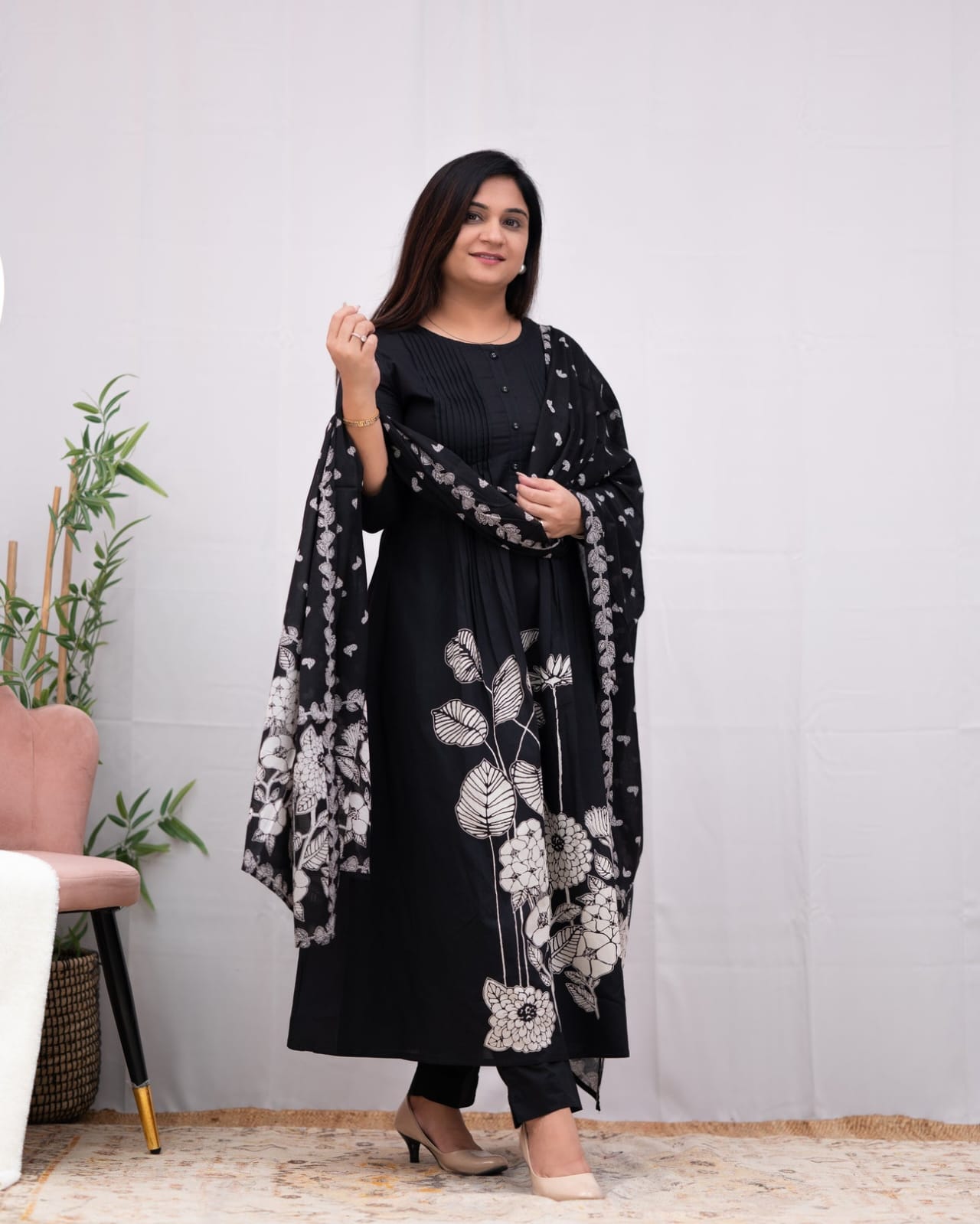 Black Printed Rayon Suit Set