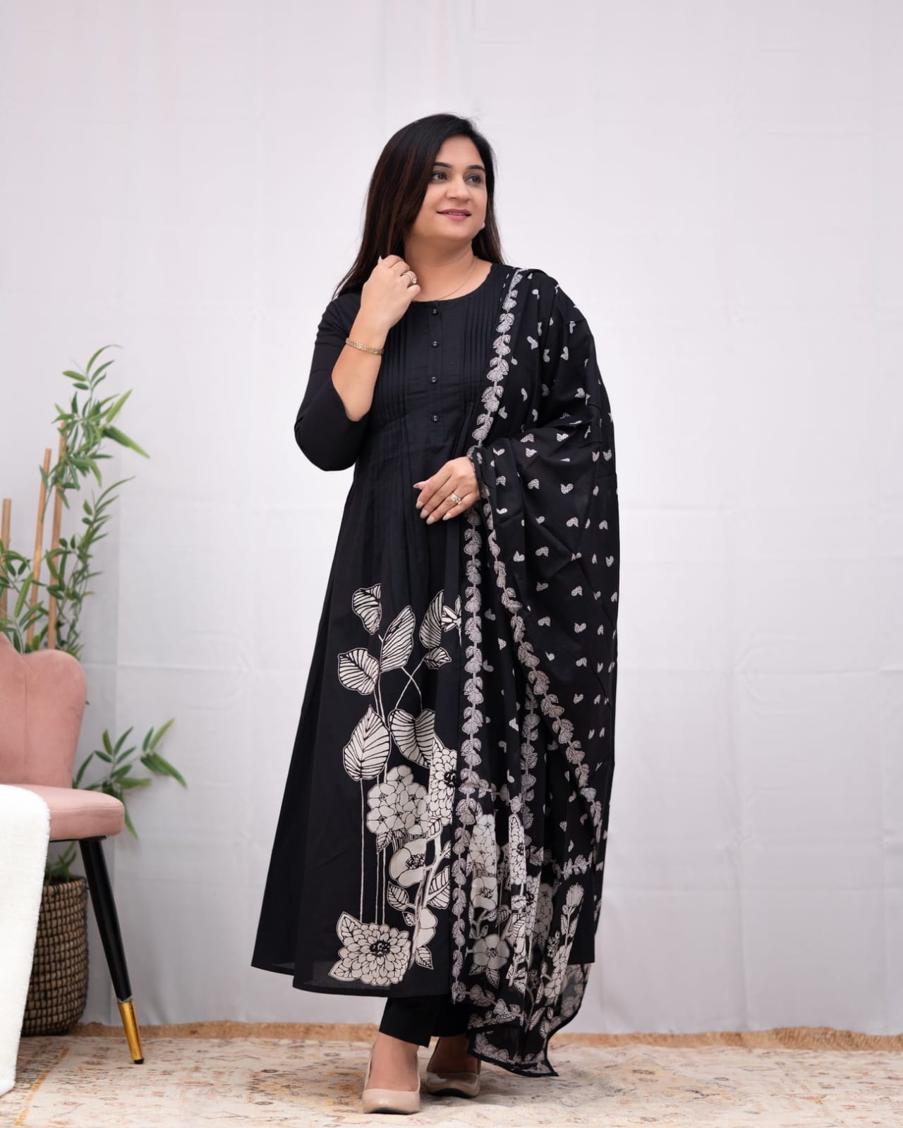 Black Printed Rayon Suit Set