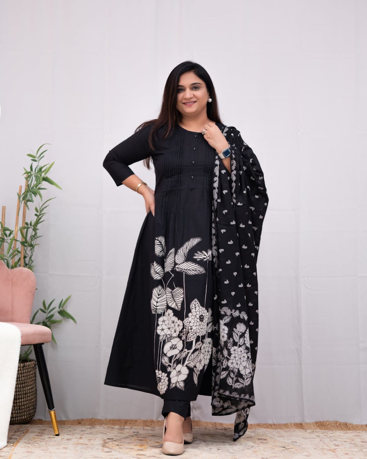 Black Printed Rayon Suit Set