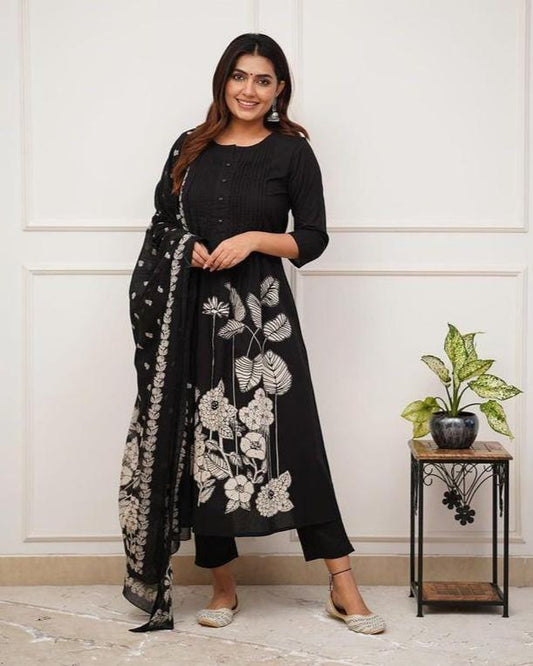 Black Printed Rayon Suit Set