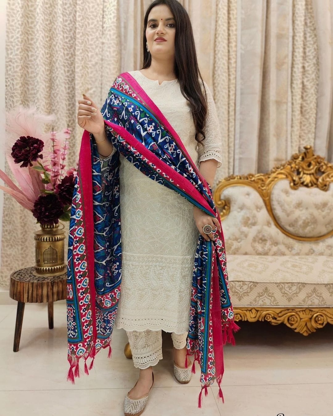 Off White Chikankari Suit Set with Printed Mulmul Dupatta