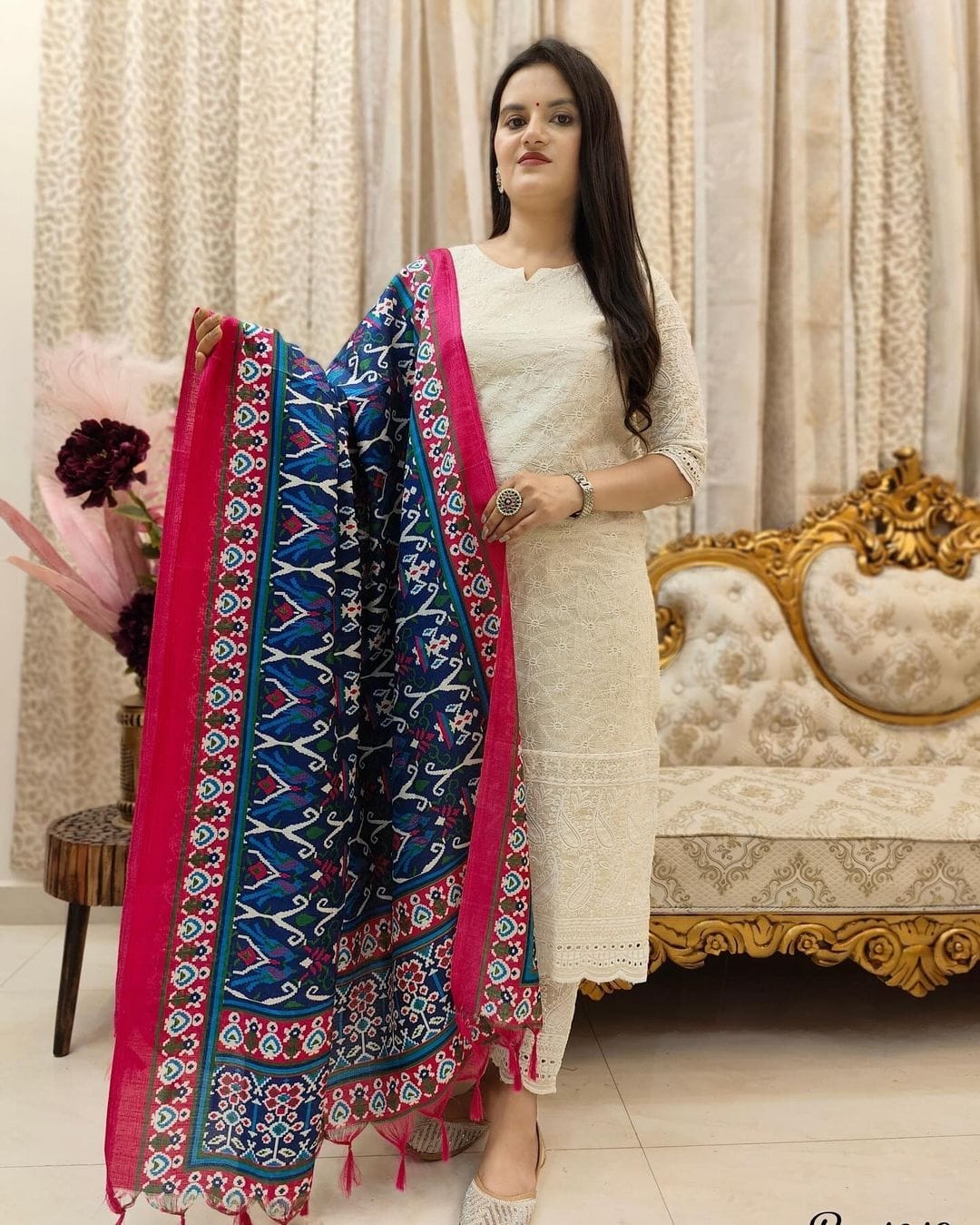 Off White Chikankari Suit Set with Printed Mulmul Dupatta