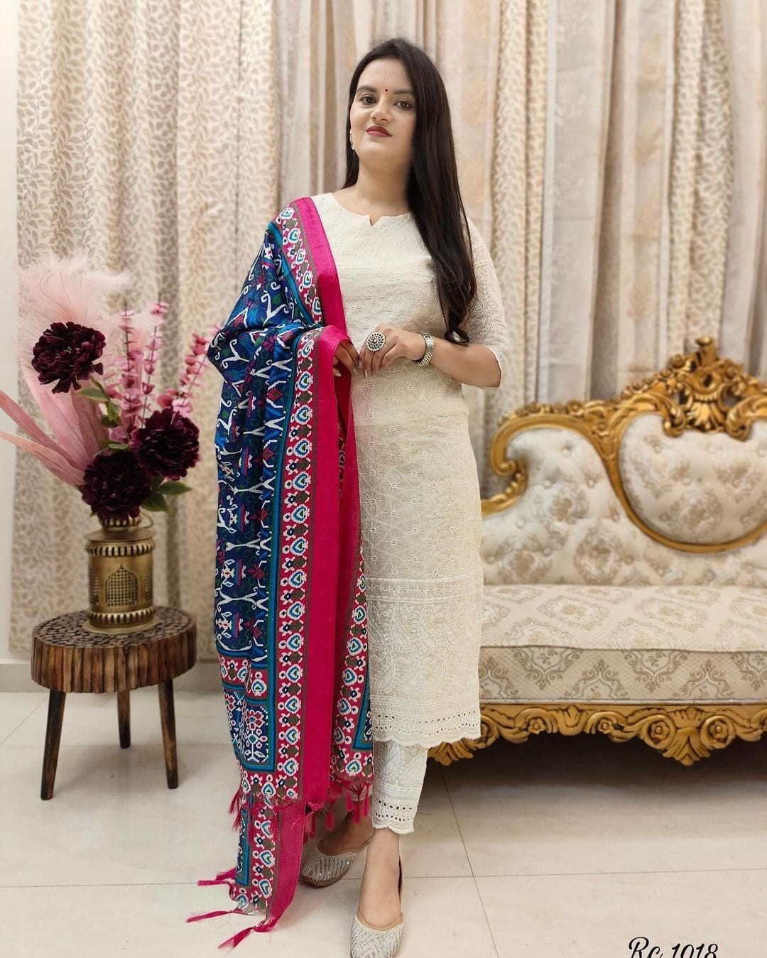 Off White Chikankari Suit Set with Printed Mulmul Dupatta