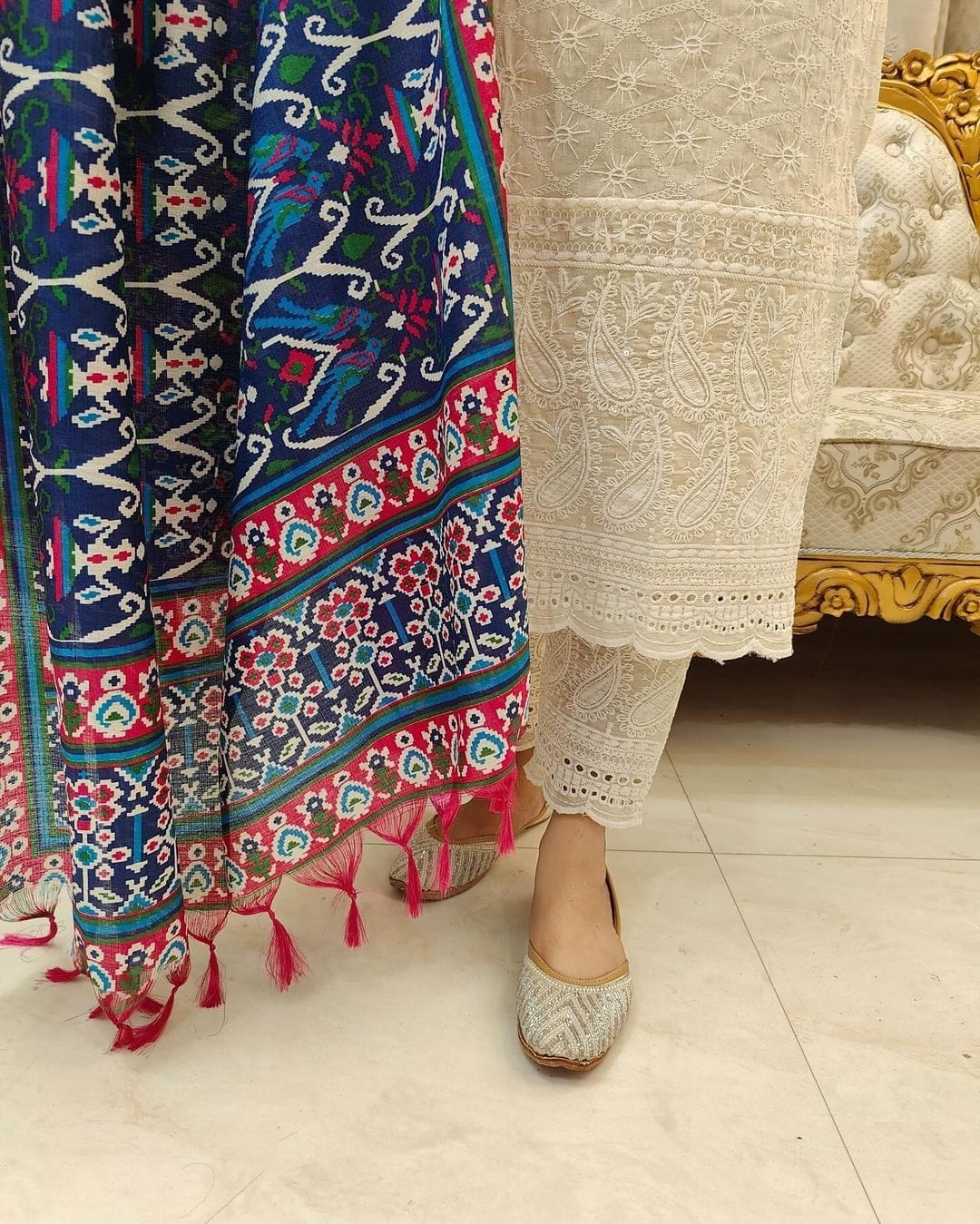 Off White Chikankari Suit Set with Printed Mulmul Dupatta