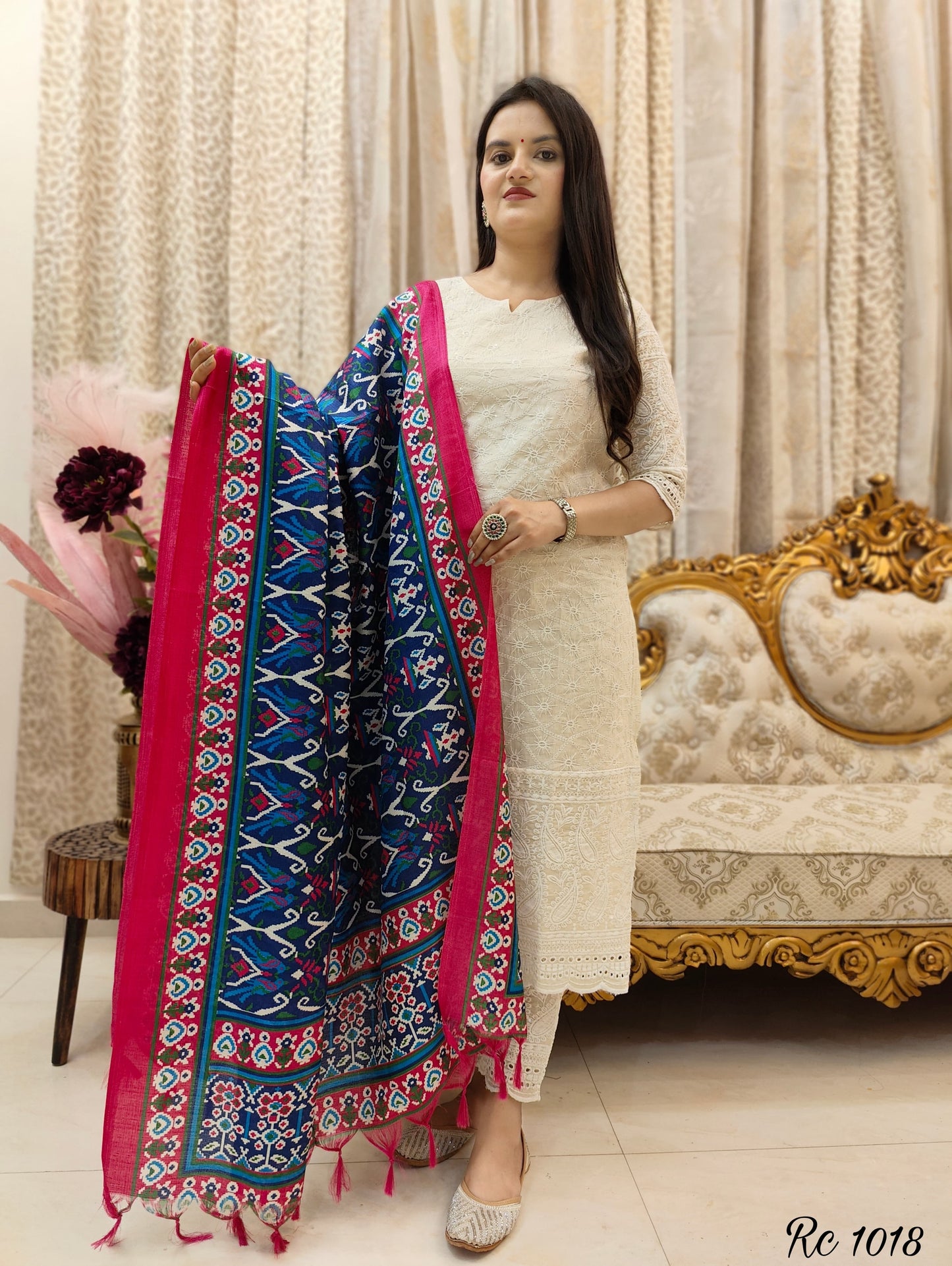 Off White Chikankari Suit Set with Printed Mulmul Dupatta