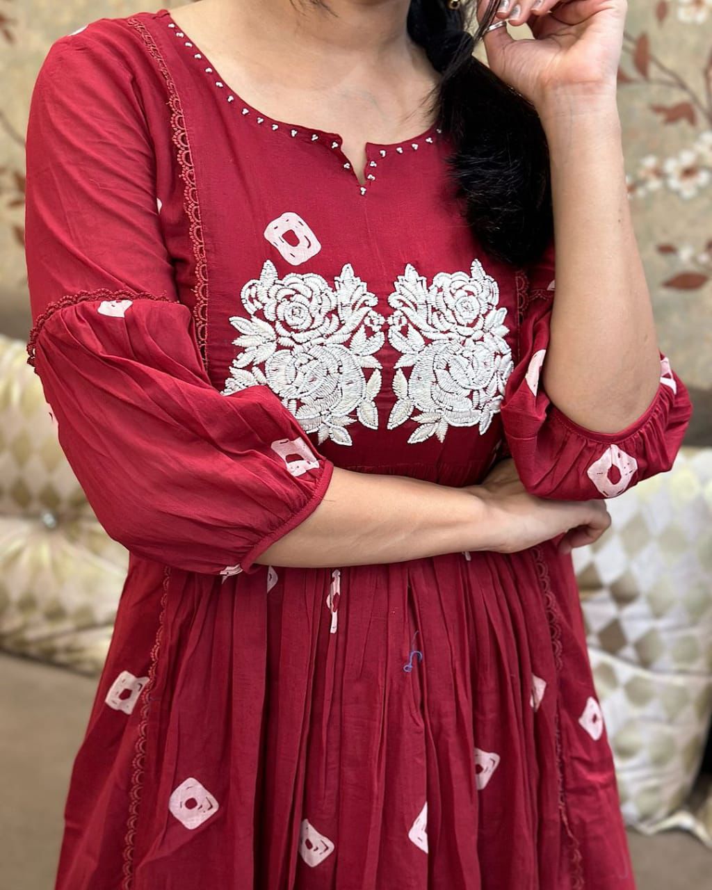 Maroon Embroidered Cotton Anarkali Kurta and Pant Set