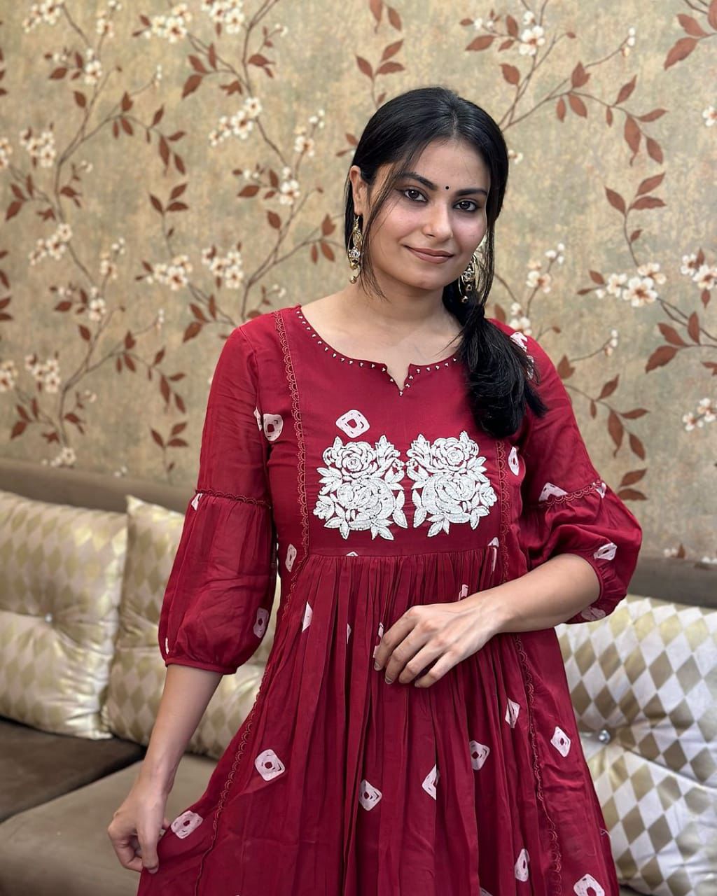 Maroon Embroidered Cotton Anarkali Kurta and Pant Set