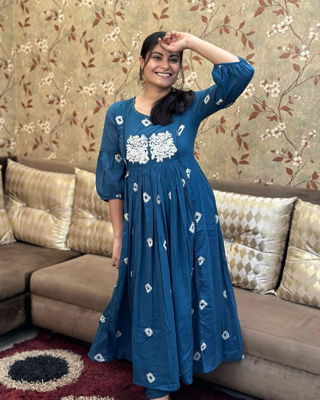 Dull Blue Embroidered Cotton Anarkali Kurta and Pant Set