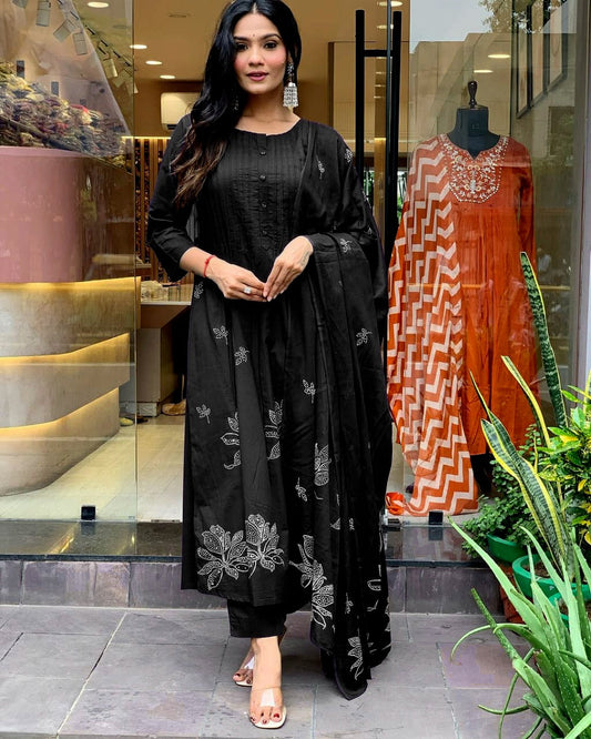 Black Printx Work Cotton Suit Set with Dupatta