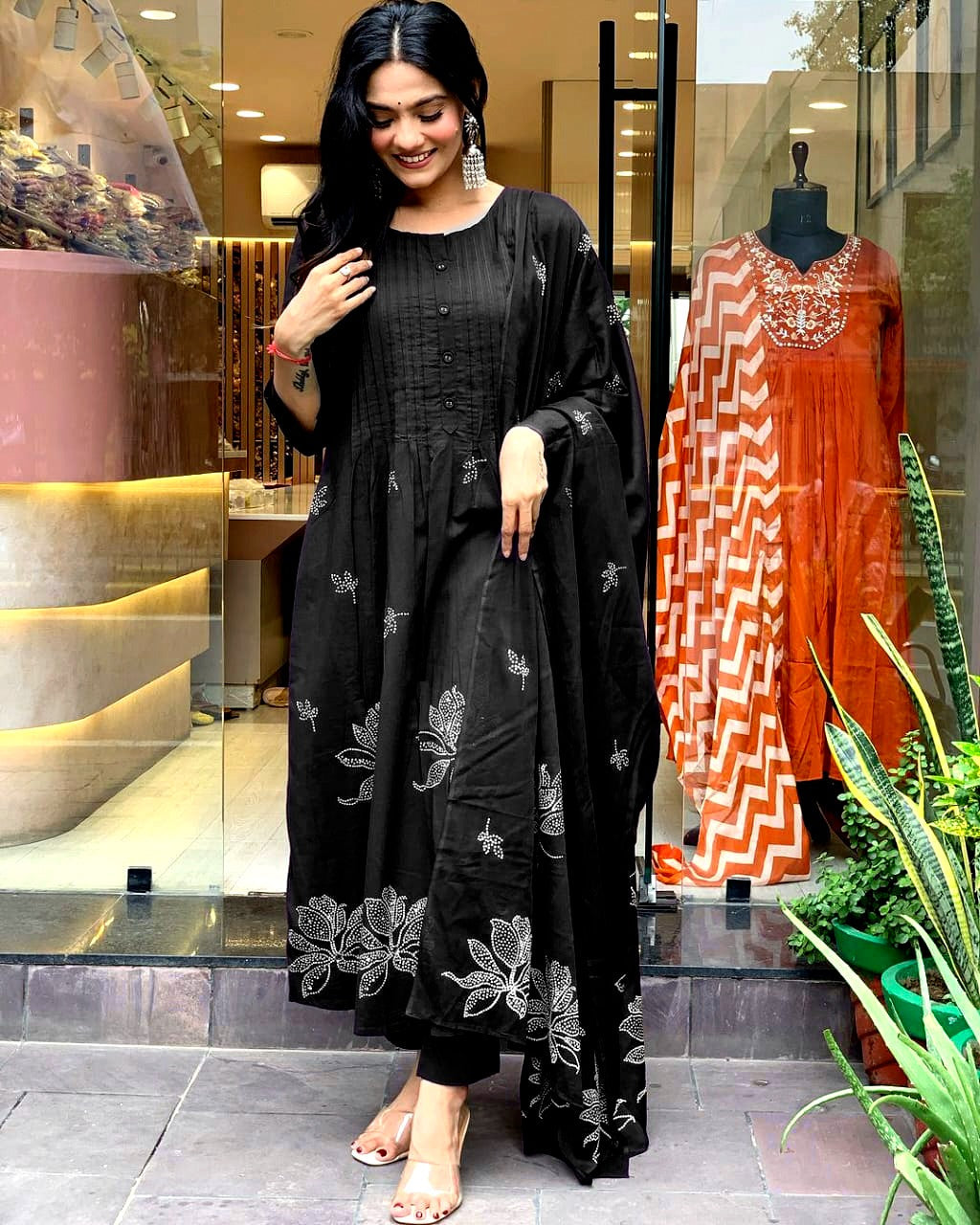 Black Printx Work Cotton Suit Set with Dupatta