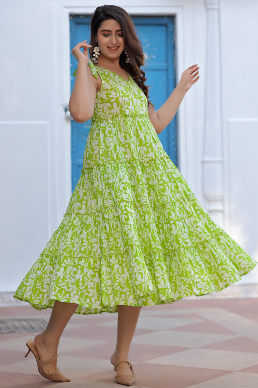 Green Printed Cotton Sleeveless Gown