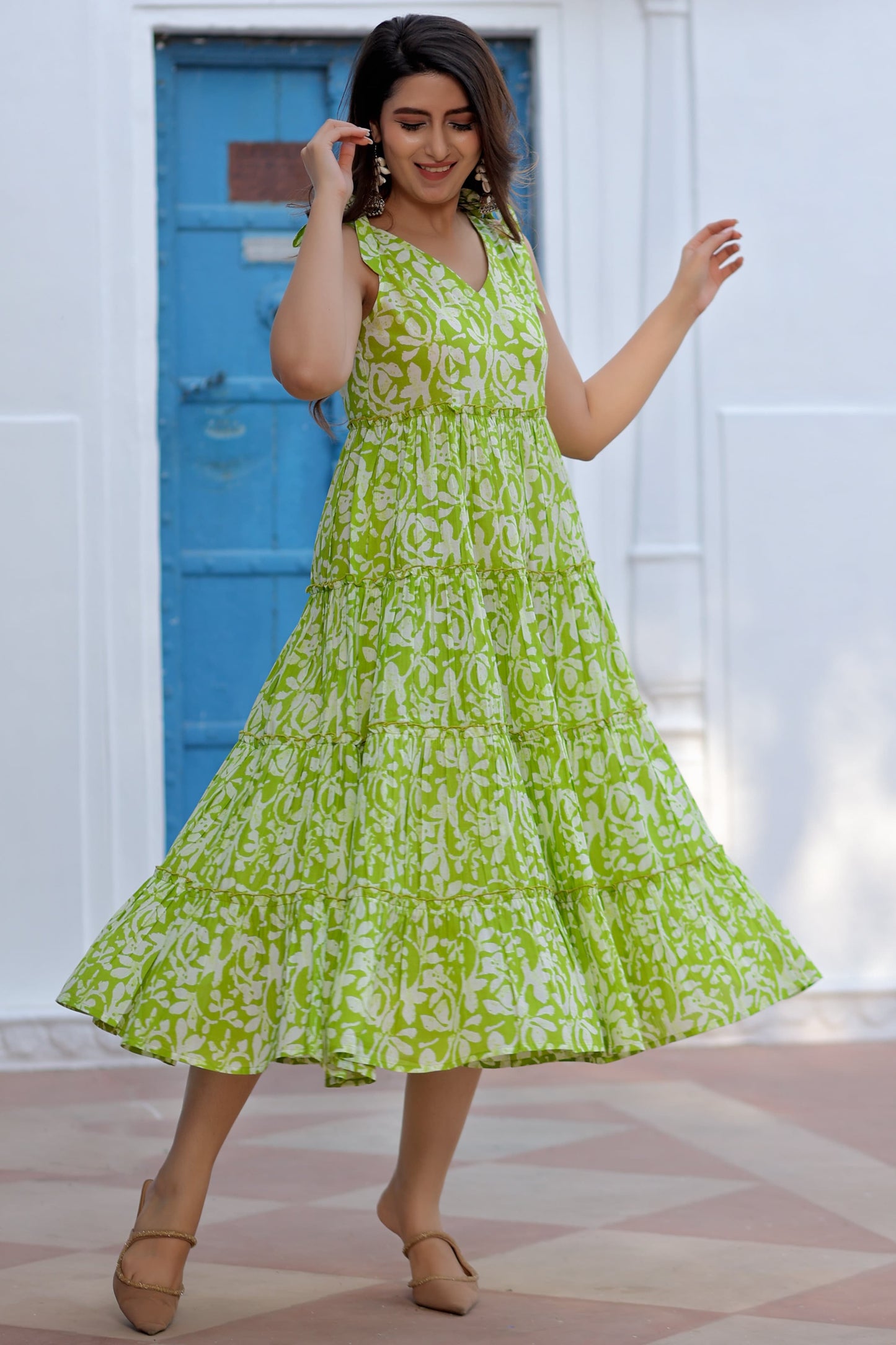 Green Printed Cotton Sleeveless Gown