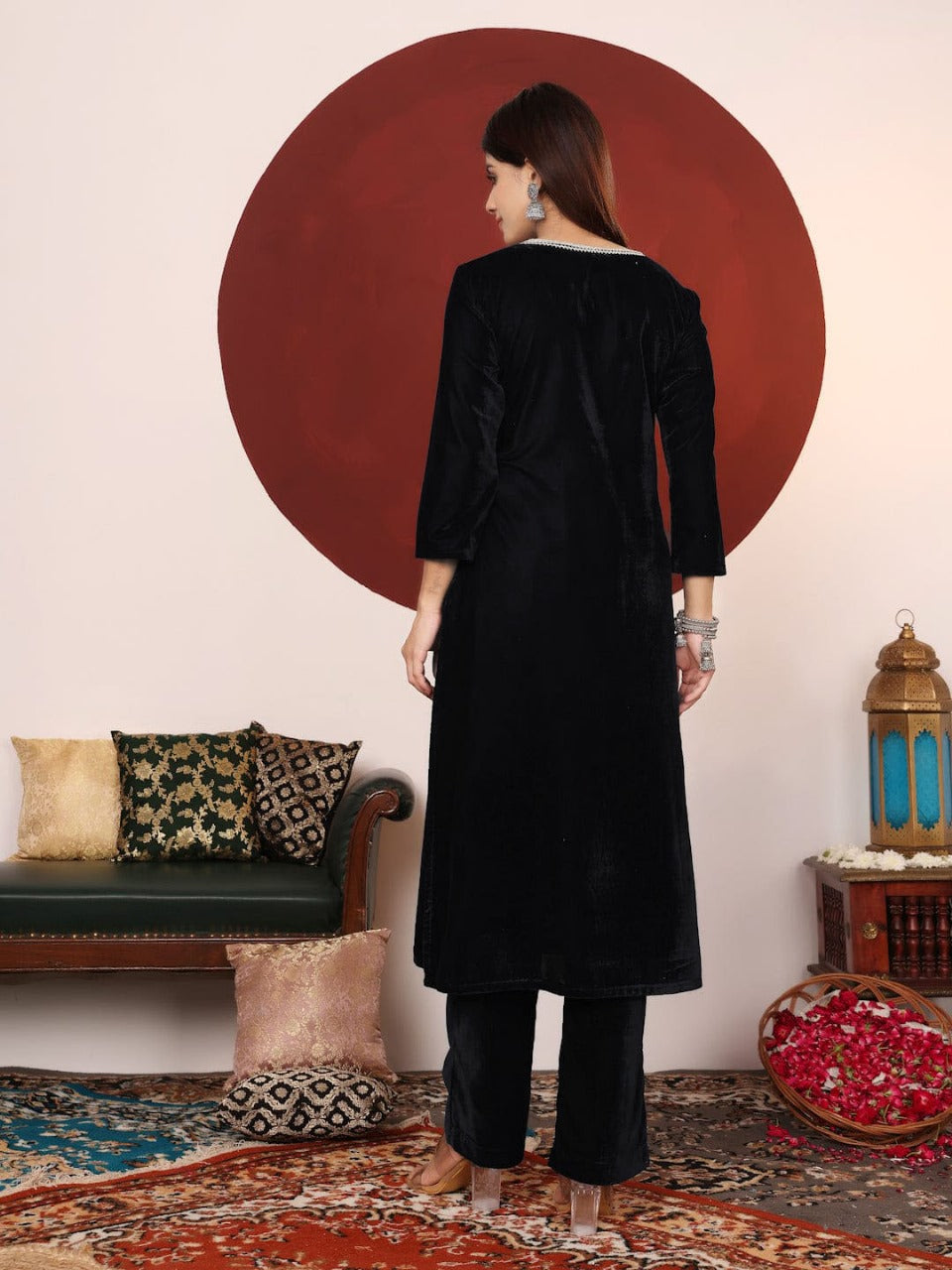 Black Embellished Velvet Kurta and Pant Set