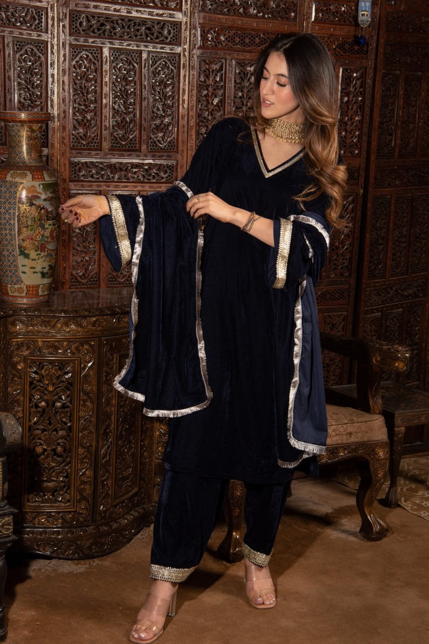 Navy Blue Embellished Velvet Suit Set with Dupatta