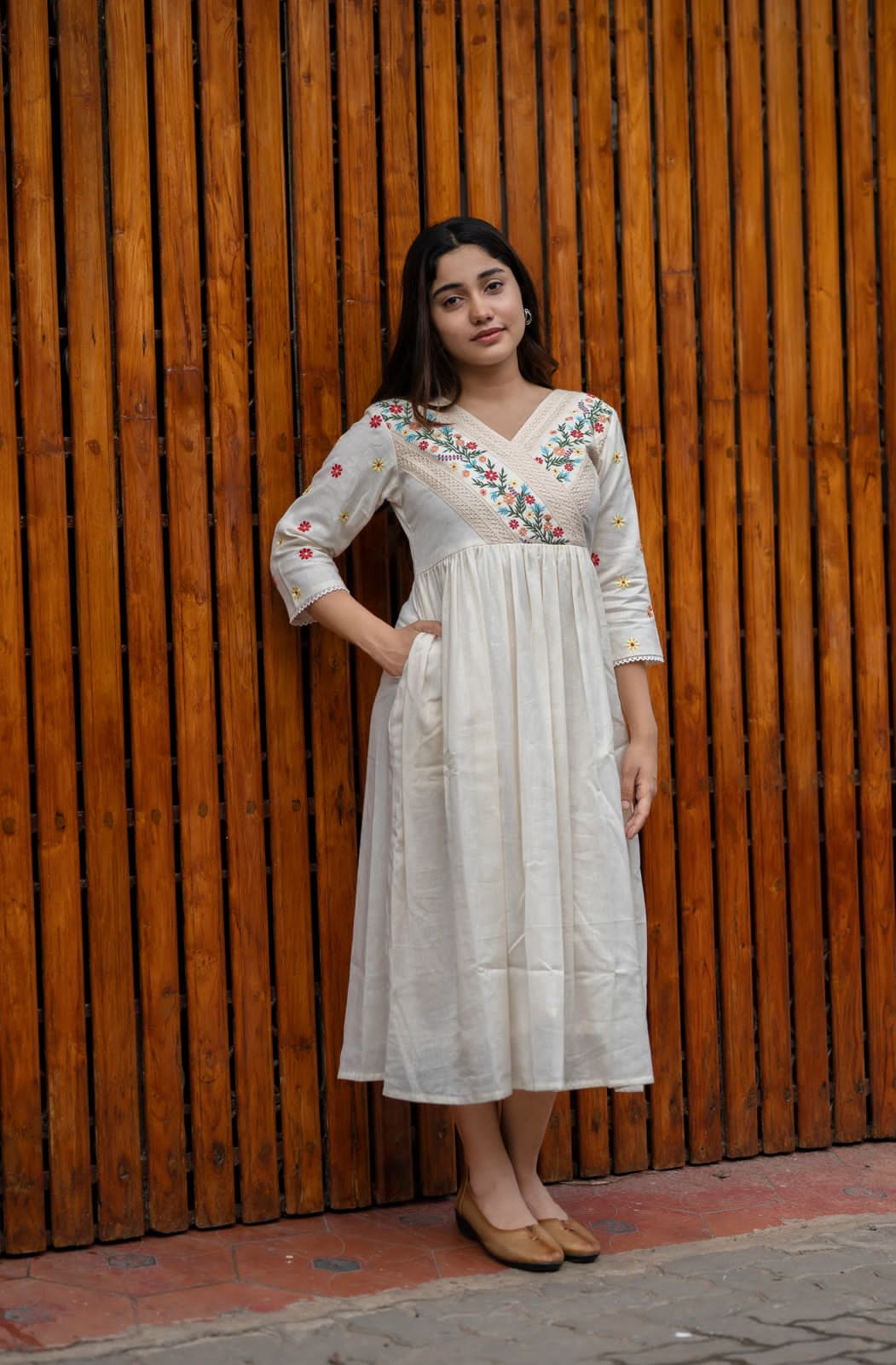 Off White Embroidered Cotton Anarkali Gown