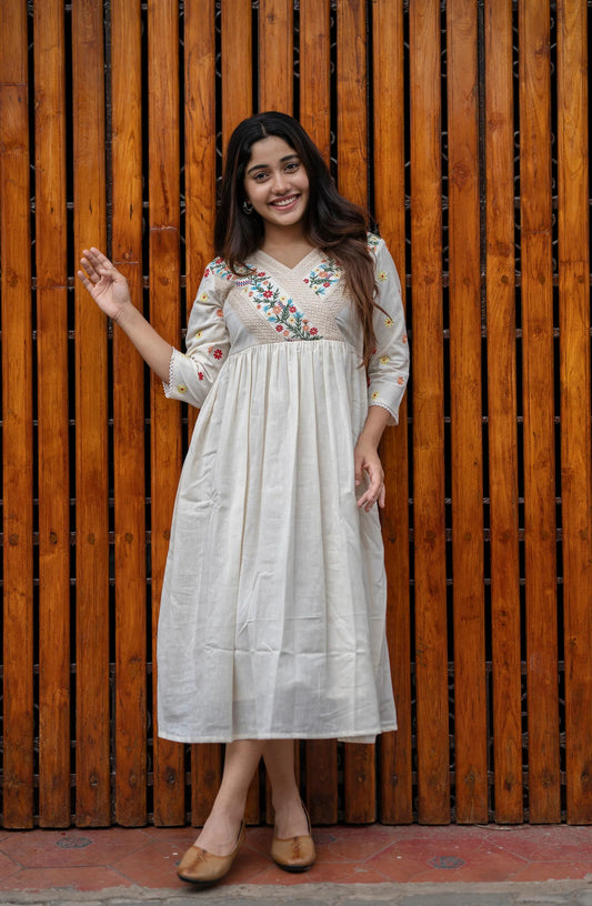 Off White Embroidered Cotton Anarkali Gown