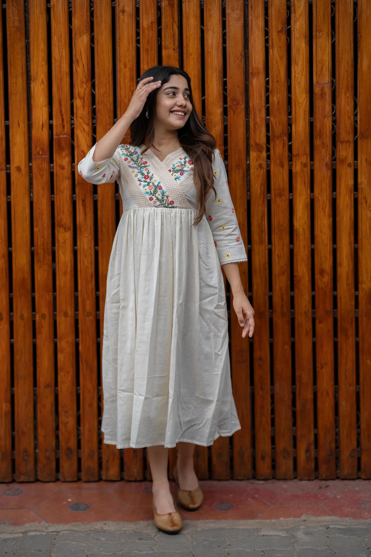 Off White Embroidered Cotton Anarkali Gown