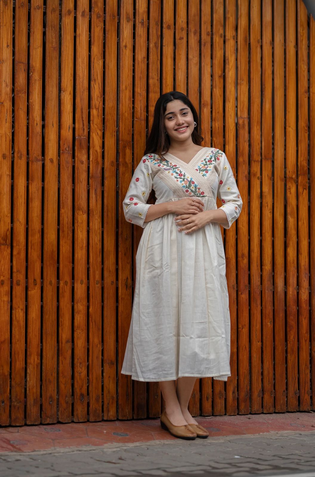 Off White Embroidered Cotton Anarkali Gown