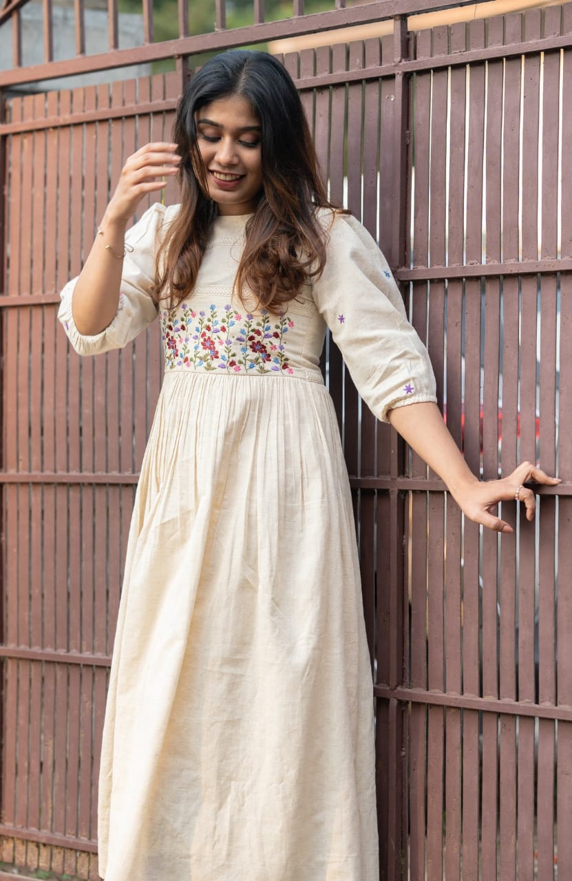 Off White Crochet Lace Work Cotton Anarkali Gown