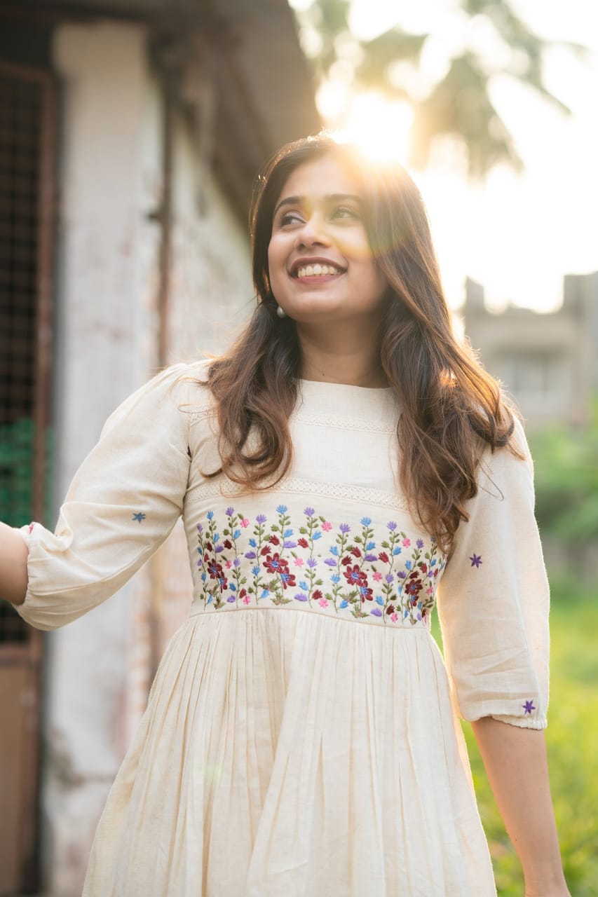 Off White Crochet Lace Work Cotton Anarkali Gown