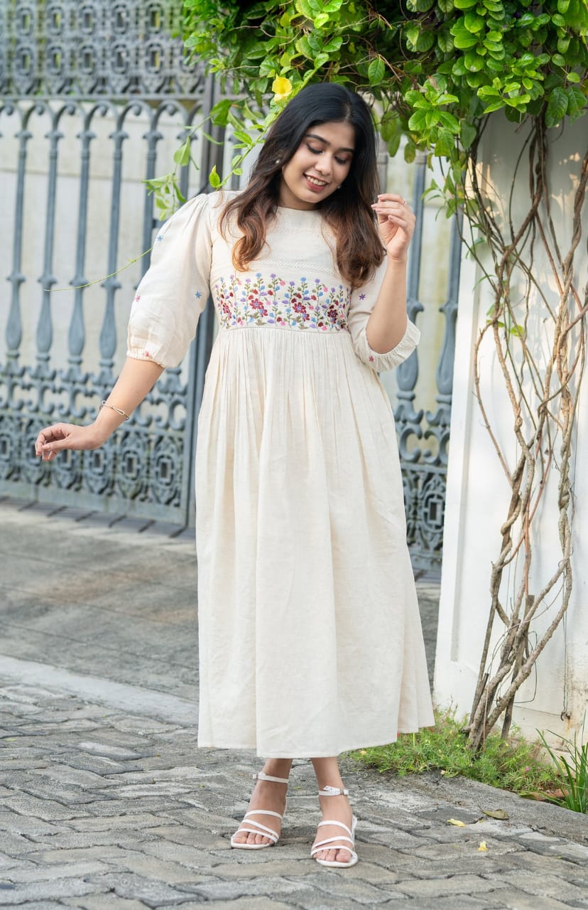 Off White Crochet Lace Work Cotton Anarkali Gown