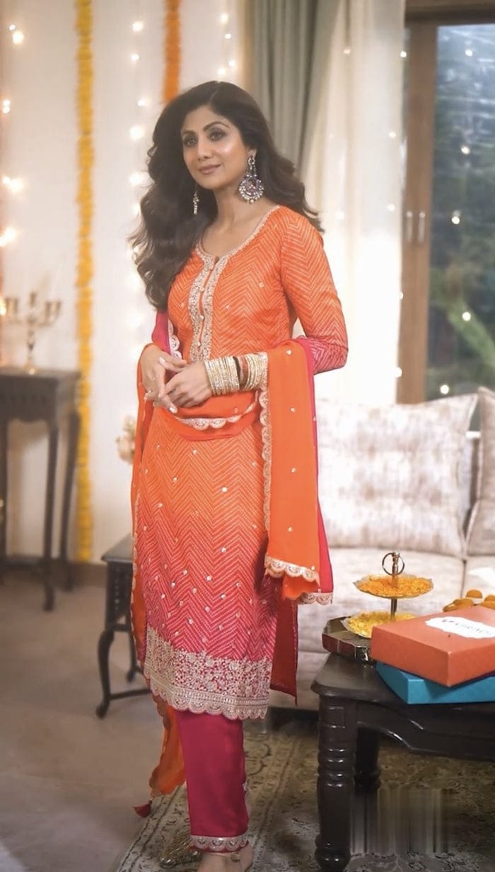 Orange Pink Embroidered Chinon Suit Set with Dupatta