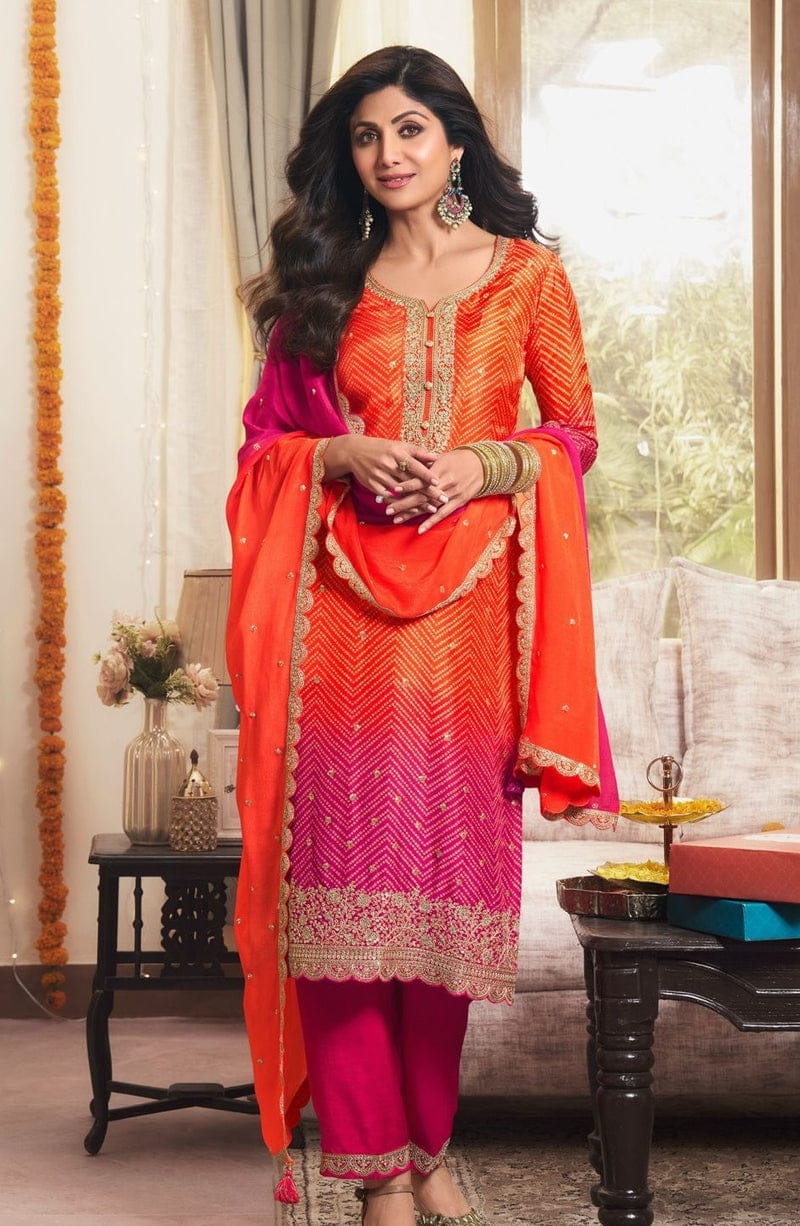 Orange Pink Embroidered Chinon Suit Set with Dupatta