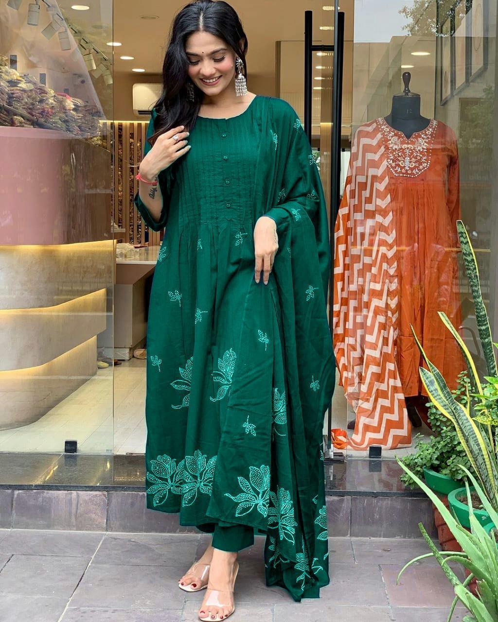 Elf Green Printx Work Cotton Suit Set with Dupatta