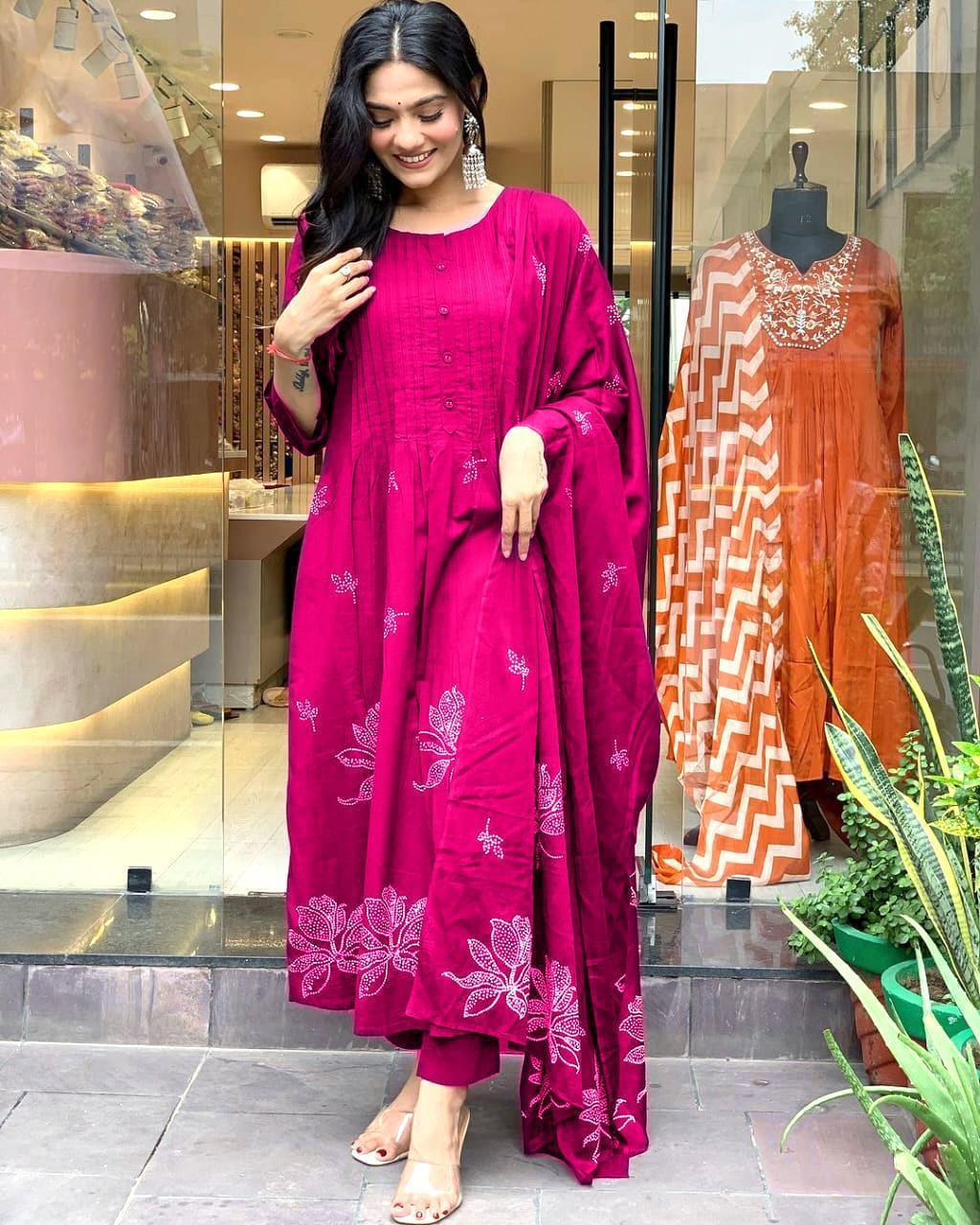 Deep Pink Printx Work Cotton Suit Set with Dupatta