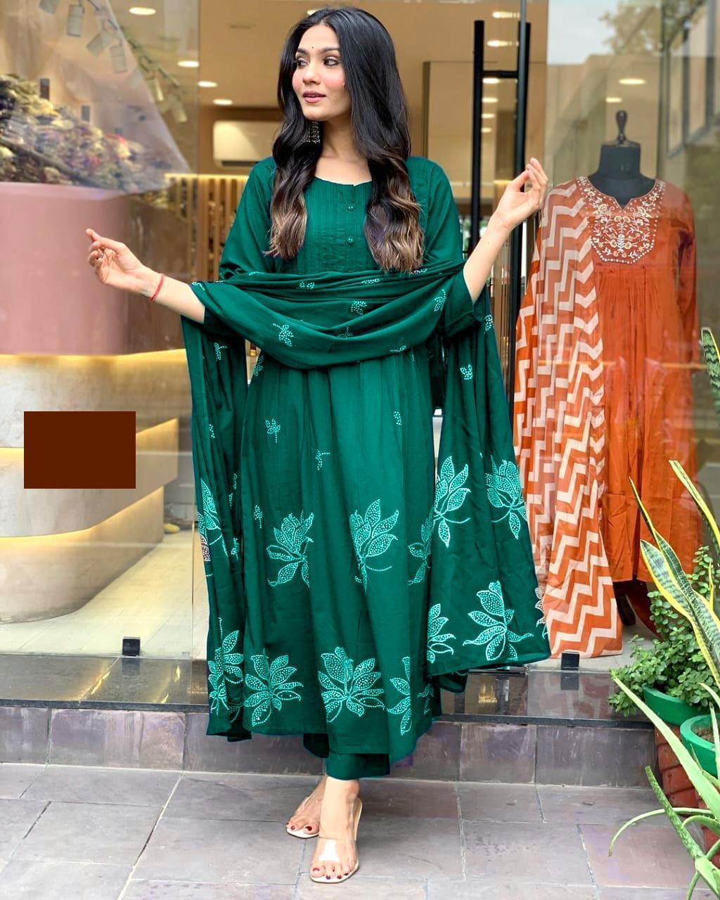 Elf Green Printx Work Cotton Suit Set with Dupatta