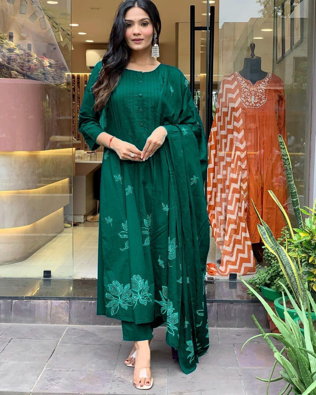 Elf Green Printx Work Cotton Suit Set with Dupatta