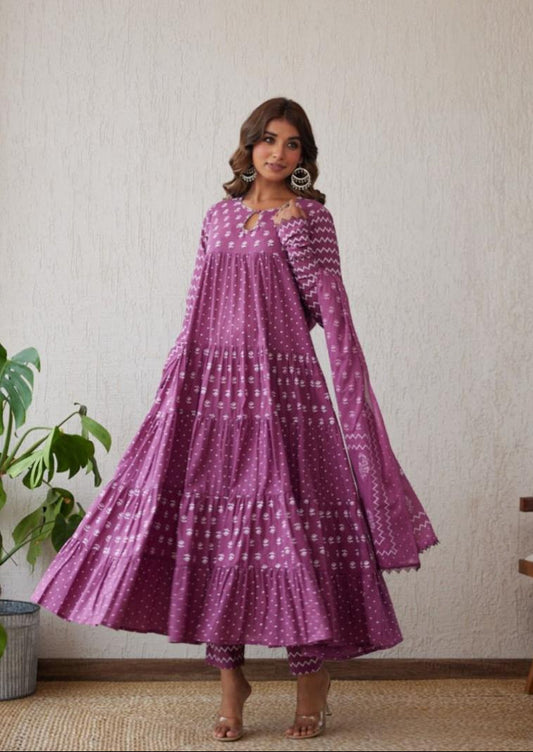 Twilight Lavender Printed Cotton Anarkali Suit Set with Dupatta