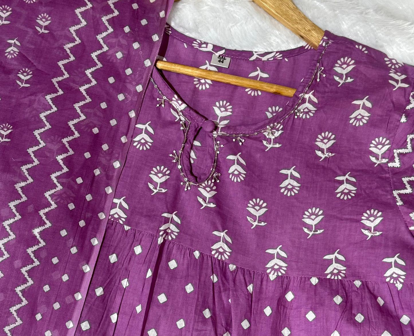 Twilight Lavender Printed Cotton Anarkali Suit Set with Dupatta