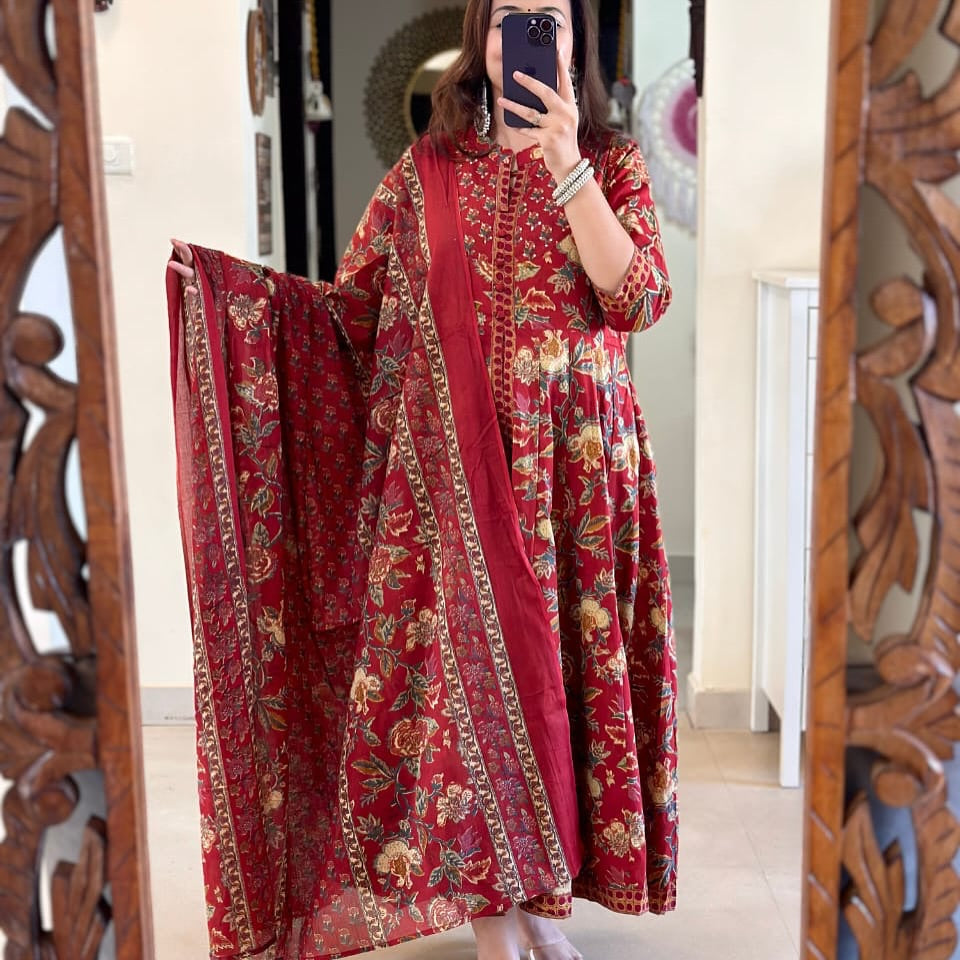 Red Floral Printed Cotton Anarkali Gown with Dupatta