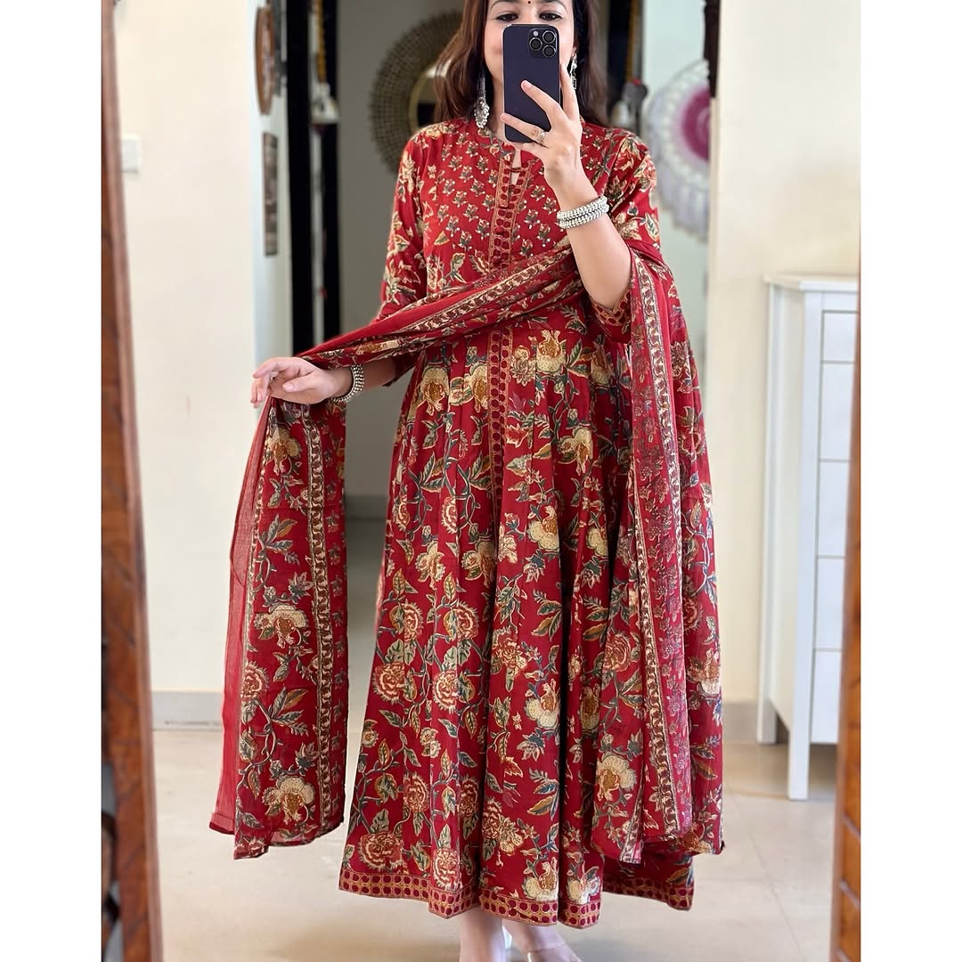 Red Floral Printed Cotton Anarkali Gown with Dupatta