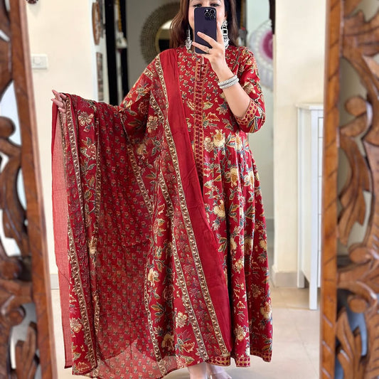 Red Floral Printed Cotton Anarkali Gown with Dupatta