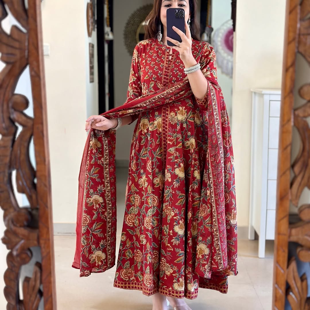 Red Floral Printed Cotton Anarkali Gown with Dupatta