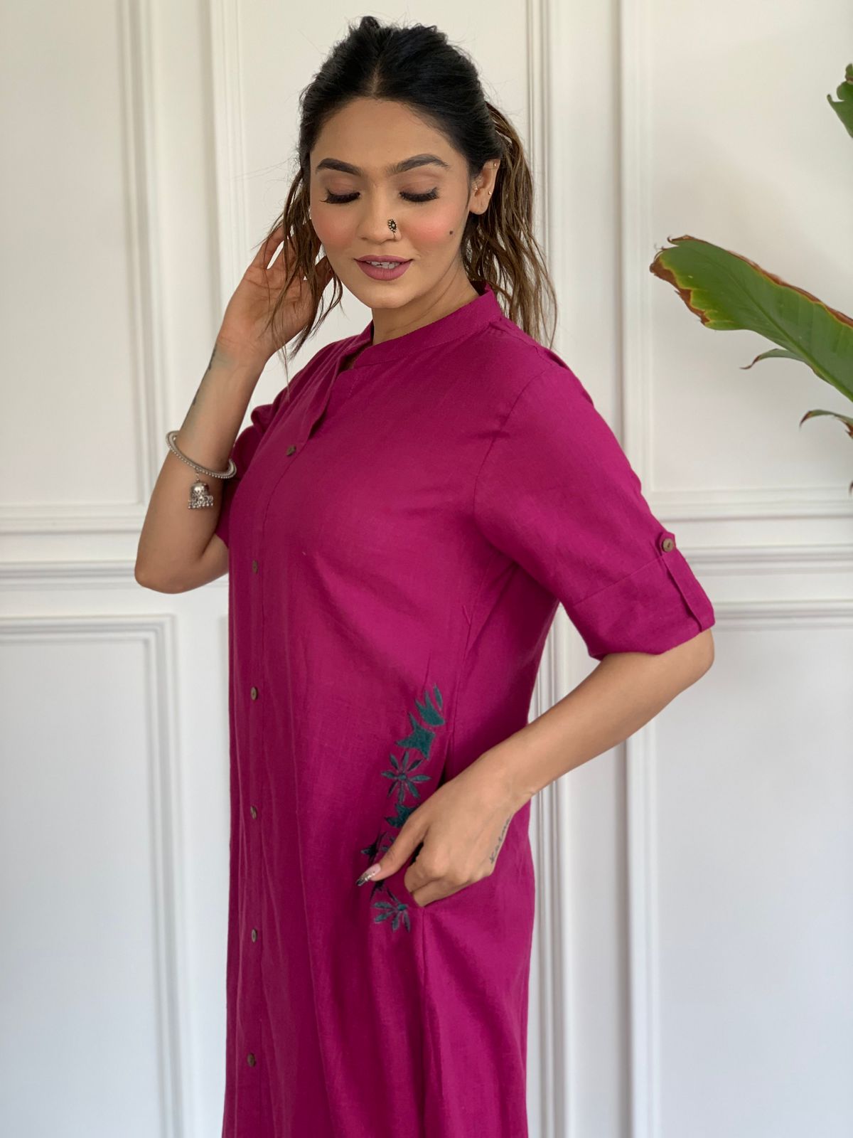 Pink Embroidered Cotton Kurta and Palazzo Set