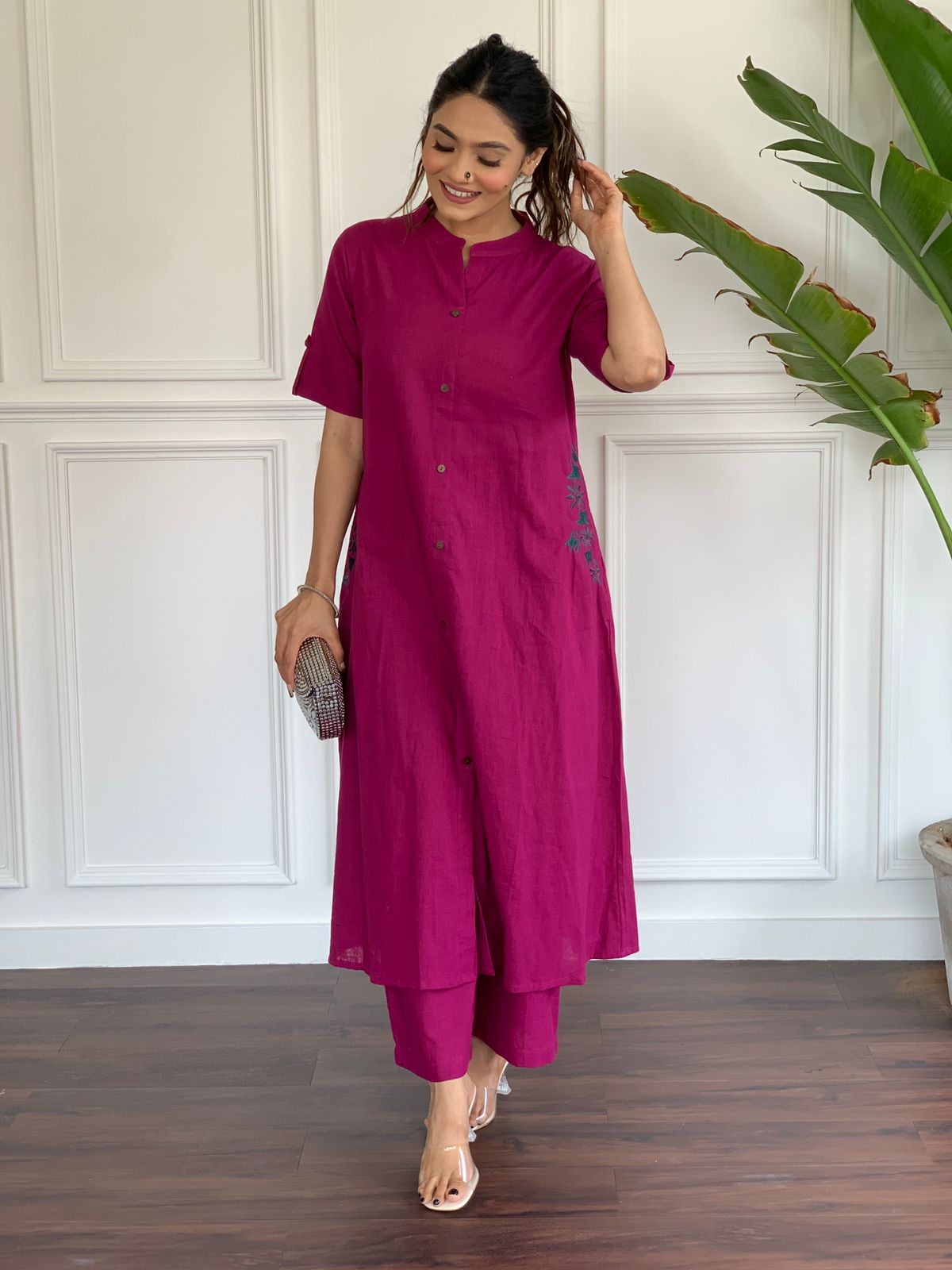 Pink Embroidered Cotton Kurta and Palazzo Set