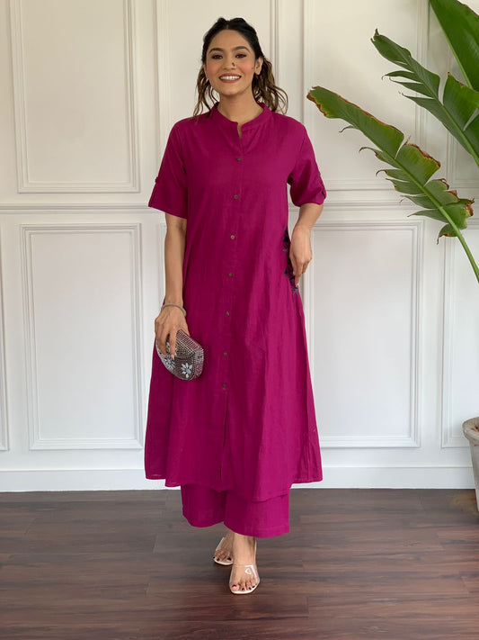 Pink Embroidered Cotton Kurta and Palazzo Set