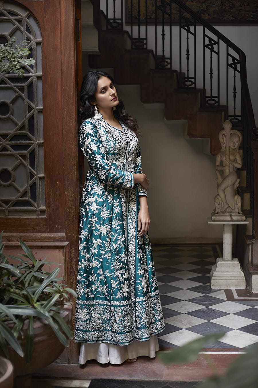 Greenish Blue Heavy Embroidered Magic Cotton Shrug with Palazzo Set