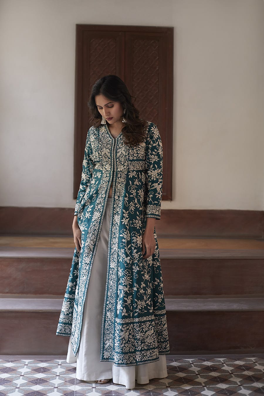 Greenish Blue Heavy Embroidered Magic Cotton Shrug with Palazzo Set